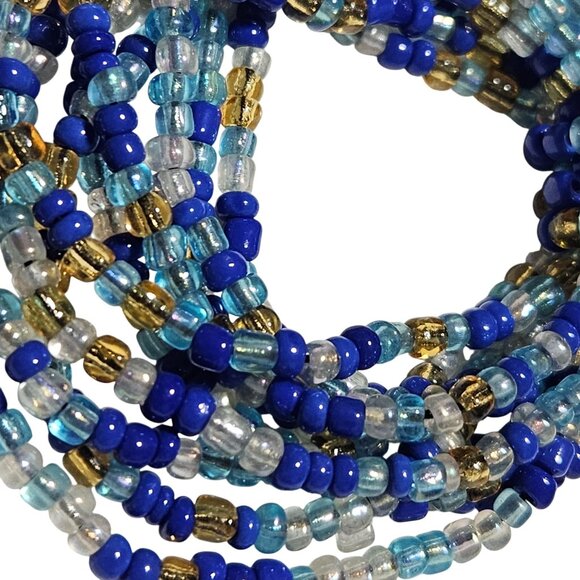 Statement Blue Gold Seed Beaded Multi Strand Stretch Bracelet Fashion Jewelry - Picture 2 of 4